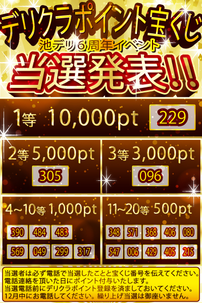 池デリ６周年！デリクラポイント宝くじ【当選発表】